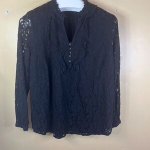 Isaac Mazari Live Size 1X Women's Black Lace Blouse Long Sleeve Blouse VNeck‎